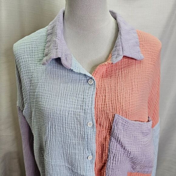 Pastel Colorblock Cotton Gauze Button Up Shirt Size XL - Picture 4 of 8